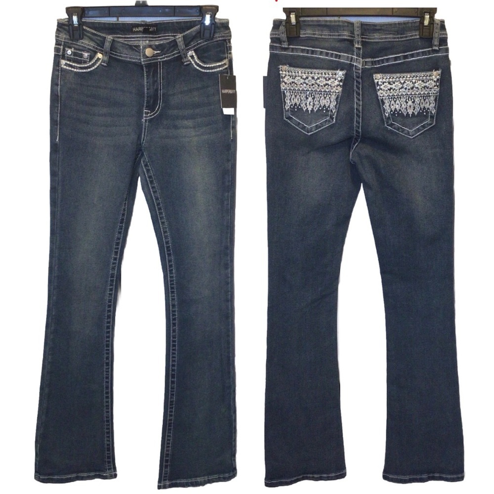 Harper & Ivy Juniors Rhinestone Embroidered Pocket Flare Leg Jeans Size 1